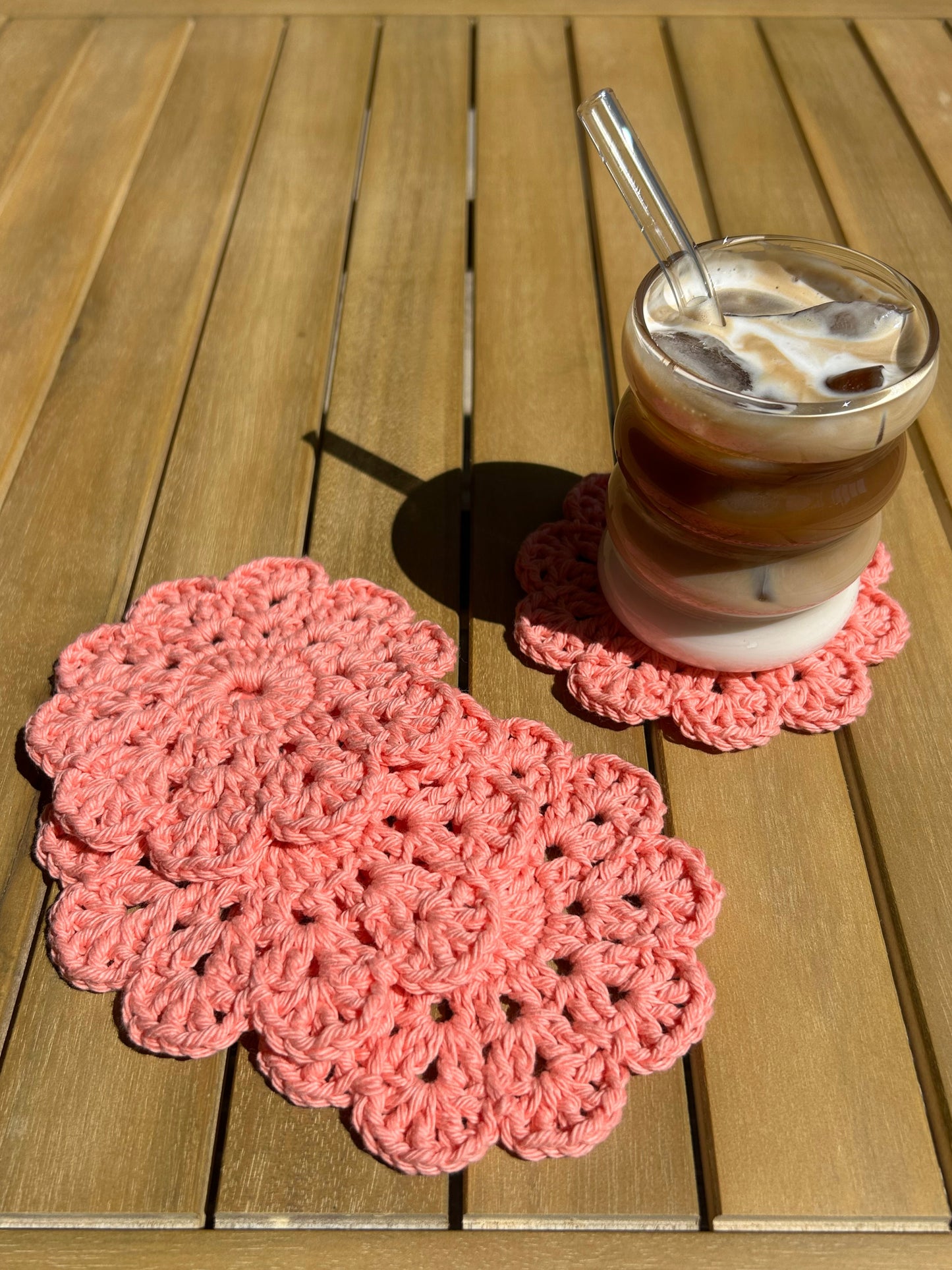 Crochet Coasters in Coral Rose