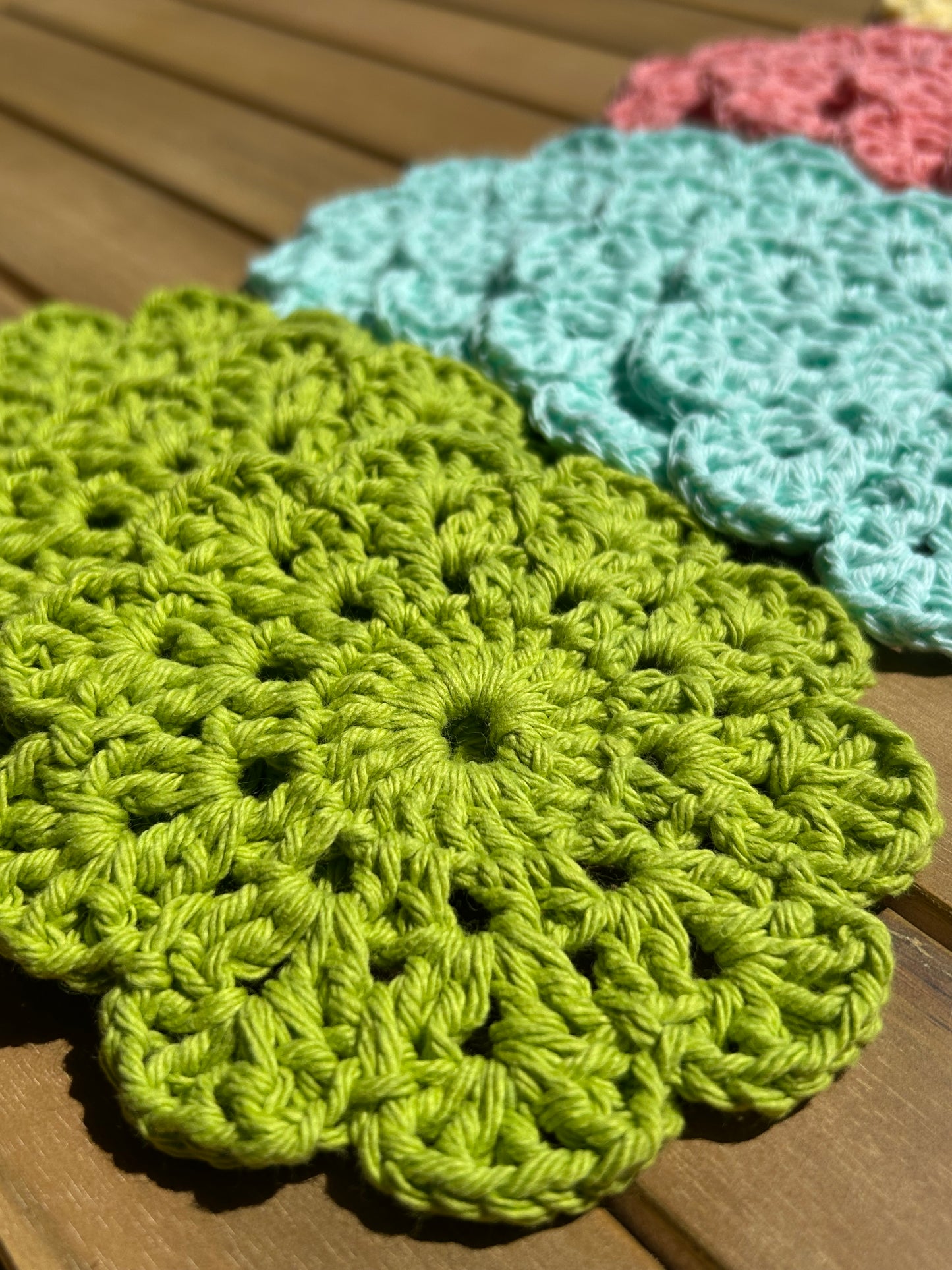 Crochet Coasters in Green Zinnia